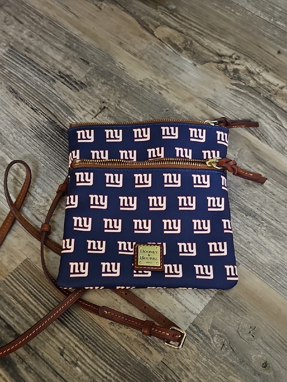 Dooney & Bourke Navy and White NY Logo Crossbody with Brown Trim